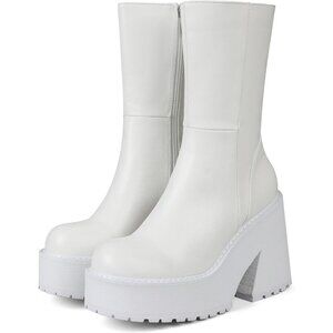 Women's Synthetic A-White Combat Wedge Heel Ankle Motorcycle Round Toe Booties